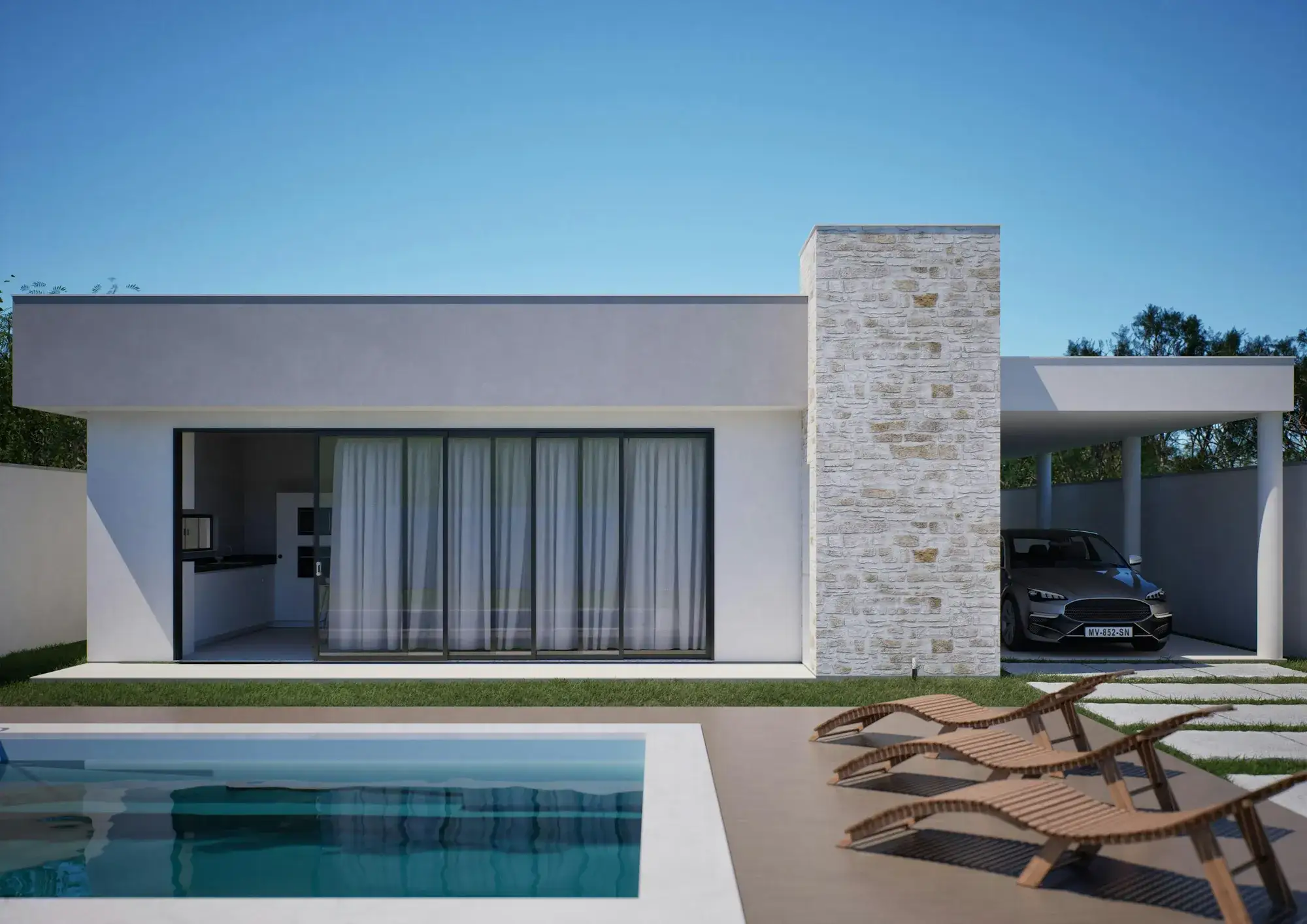 Randare 3D: piscină dreptunghiulară lângă o casă modernă cu acoperiș plat și șezlonguri din lemn